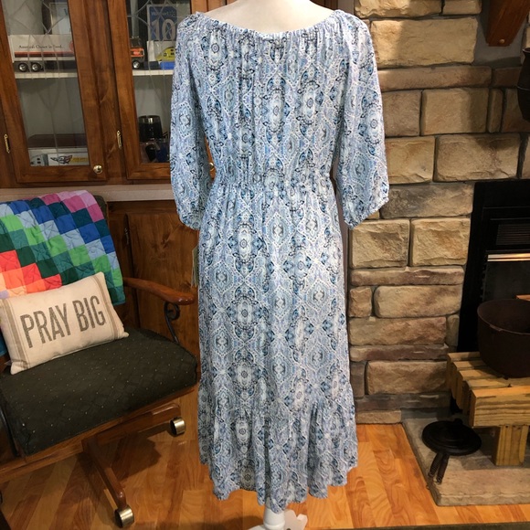 NWT BEBOP SIZE LARGE MULTICOLORED BLUE & WHITE ON/OFF SHOULDER DRESS - Picture 4 of 4